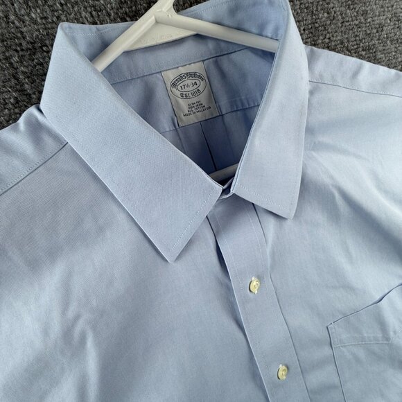 Brooks Brothers Slim Blue Non-Iron Cotton 17.5 34 Button Up Shirt Men Adult - Picture 8 of 16